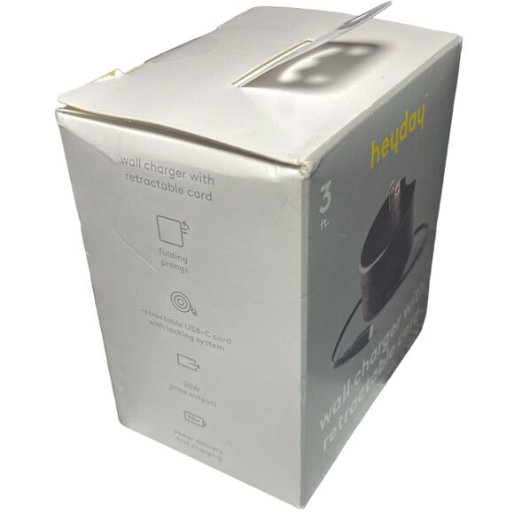 Heyday Wall Charger Retractable 3ft USB-C Cable Fast Charge Phone Tablet Black - Picture 6 of 8
